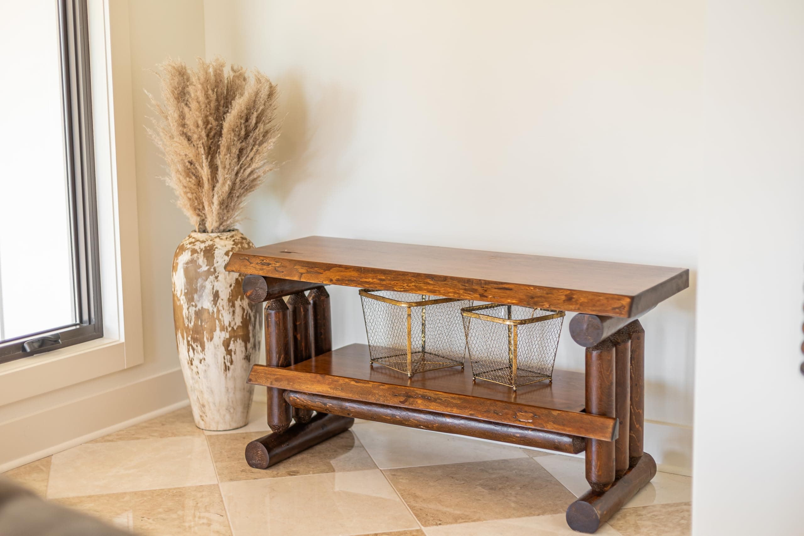 SRL Rustic Log Pine TV Stand Entertainment Center - Rustic TV Stand Perfect for Living Room & Bedroom Storage – Honey Pine Finish – Stylish Entertainment Center