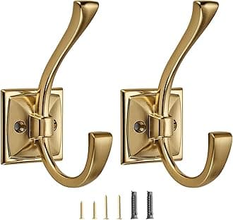 10 Pack Decorative Heavy Duty Towel Hooks for Hanging Robe Double Brushed Brass Coat Hooks Wall Mounted with Screws for Key, Towel, Bags, Cup, Hat
