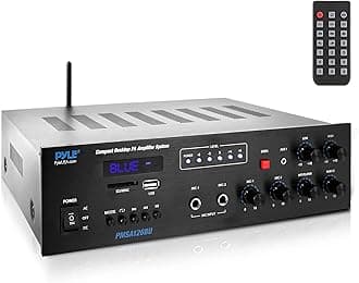 Public Address Amplifier - 500W Compact Digital Receiver w/ 70V 100V Output, Dual Mic Input, USB-A Input w/ MP3 Player, FM Radio, RCA | Home, Continuous Volume and Commercial | PMSA126BU