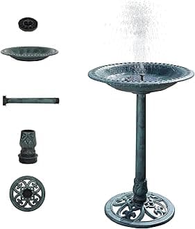 VINGLI 28 Inch Pedestal Bird Bath Solar Fountain Birdbaths with Steel Ground Anchors Weather Resistant Resin Antique Green Garden Decor for Outdoor Lightweight Courtyard…