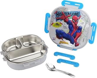 SKi Homeware Baker Insulated 3 Grid Bento Lunch Box with Stainless Steel Inner and A Steel Spoon- Spiderman, 450Ml
