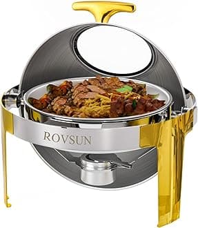 ROVSUN Roll Top Chafing Dishes for Buffet 6QT, Stainless Steel Round Chafing Dish Buffet Set, Buffet Servers and Warmers Set with Glass Window for Weddings Parties Catering Events, Gold