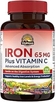 Vitalitown Iron Supplement for Women Men, High Potency 65mg Iron with Vitamin C 250mg, Less Constipating, Better for Blood Building & Energy Improvement, No Gluten, Non-GMO,60 Vegan Iron Pills