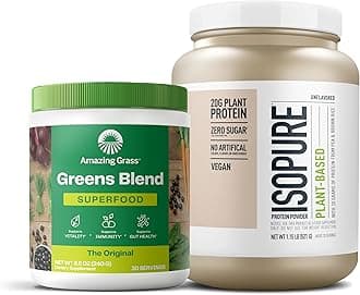 Bundle of Amazing Grass Greens Superfood Powder: Original, 30 Servings + Isopure Unflavored Vegan Protein Powder, Plant Based, Organic Pea Protein, Dairy Free, 20 Servings (Packaging May Vary)