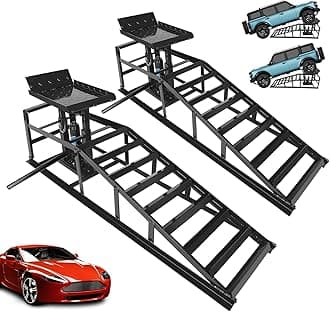 EASYBERG Car Ramps 2 Pack 5T 10000LBS Low Profile Hydraulic Lift Service Auto Vehicle Ramps with Support Jack for Oil Changers and Maintenance Black