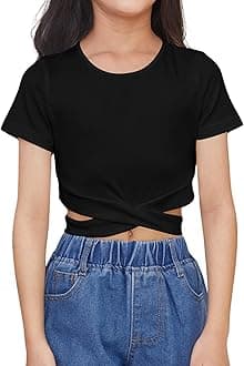 OYOANGLE Girl's Cute Crisscross Short Sleeve Cutout Solid Crop Top Tee T-Shirts