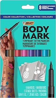 Temporary Tattoo Markers, 8-Count Color Collection, Skin-Safe & Cosmetic Quality, Cruelty-Free, Long-Lasting, Flexible Brush Tip, Stencils Included