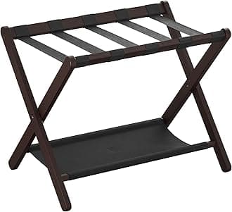 SONGMICS Bamboo Luggage Rack for Guest Room, Folding Suitcase Stand with Fabric Storage Shelf, for Hotel, Bedroom, Heavy-Duty, Holds up to 131 lb, Expresso and Black URLR007R01