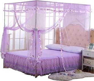 Mosquito Net for Bed - 4 Corner Canopy for Beds, Canopy Bed Curtains, Bed Canopy for Girls Kids Toddlers Crib, Bedroom Decor (Queen Size, Purple)