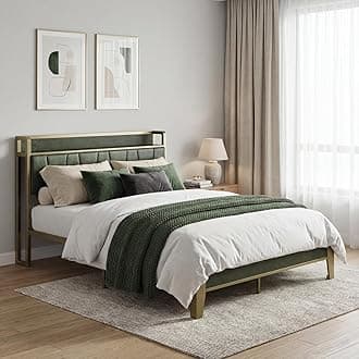 LIKIMIO Full Bed Frame, Storage Headboard with Charging Station, Solid and Stable, Noise Free, No Box Spring Needed, Easy Assembly (Dark Green)