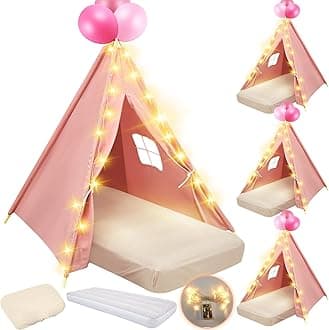 4 Pack Teepee Tent for Kids Slumber Party with Mattress,Fitted Sheet,Light String,Natural Cotton Washable Sleepover Tents for Girls Party Birthday Slumber Movie Night Supplies(Pink)