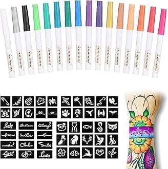 Temporary Tattoo Metallic Markers for Skin,16-Count Body Markers+77 Large Tattoo Stencils of Assorted Colors for kids and Adults,Flexible Brush Tip, Bright colors, Skin-Safe*,Cosmetic-Grade.