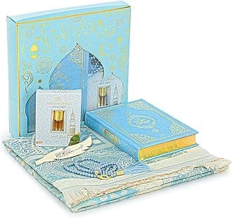 ihvan online Prayer Gift Set for Hajj and Umrah, Muslim Prayer Rug, Prayer Mat, Beads Taasbih, Holy Quran Translated French, Muslim Praying Mat, Islamic Gift Set for Ramadan & Eid, Blue