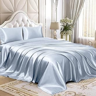Homiest 4pcs Satin Sheets Set Luxury Silky Satin Bedding Set with Deep Pocket, 1 Fitted Sheet + 1 Flat Sheet + 2 Pillowcases (Queen Size, Baby Blue)
