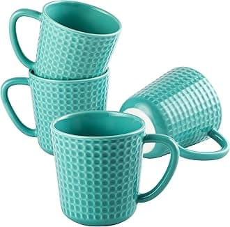 15 oz Waffle Embossed Ceramic Coffee Mugs Set of 4 - Microwave & Dishwasher Safe Ceramic Coffee Cups with Handle for Latte Cappuccino Tea Stoneware Mugs Set Housewarming Wedding Gift (Turquoise)