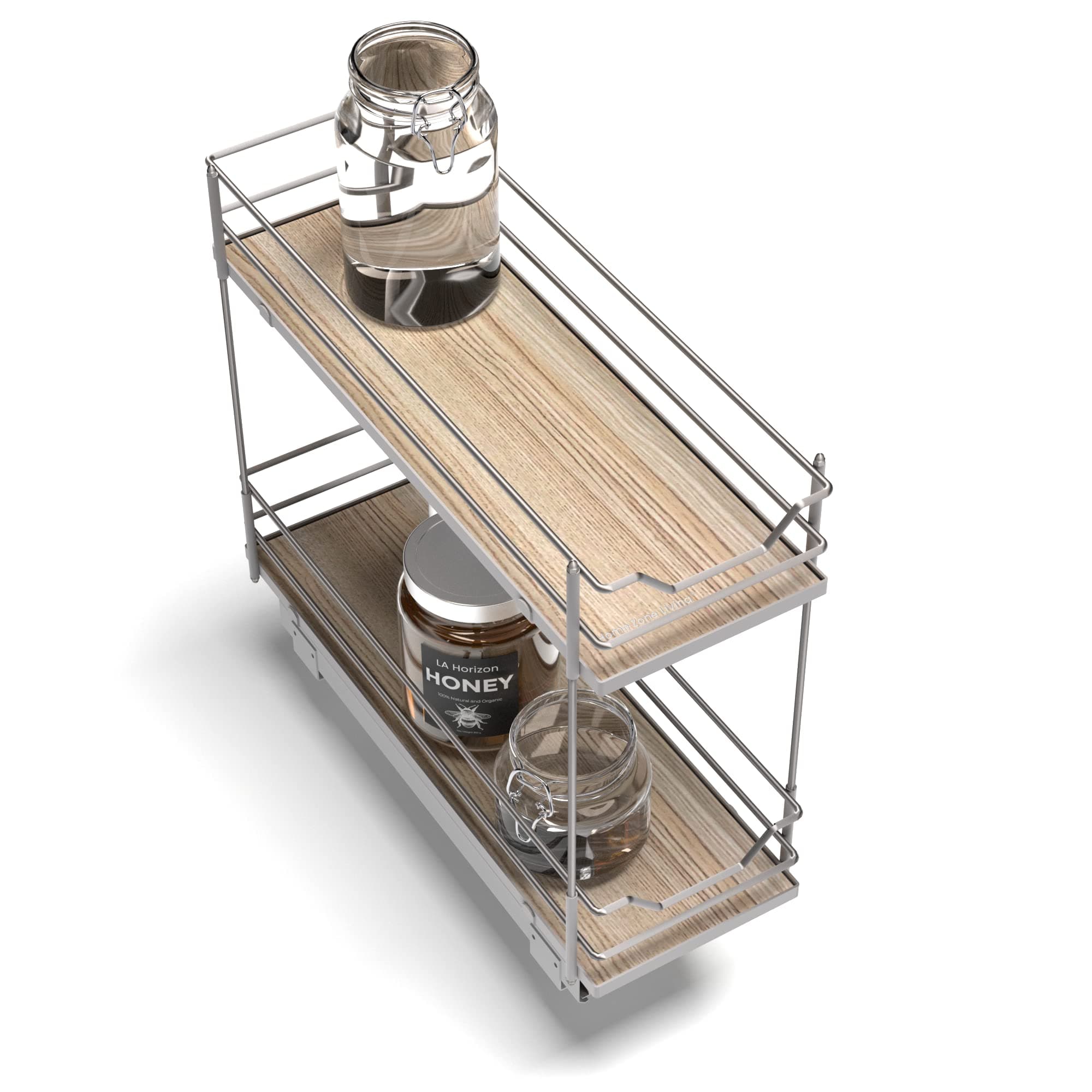 Home Zone Living Pull Out Kitchen Cabinet Organizer with 2 Tiers of Storage for Easy Access, 7.5”W x 20”D, Satin Nickel with Light Brown, Virtuoso Collection