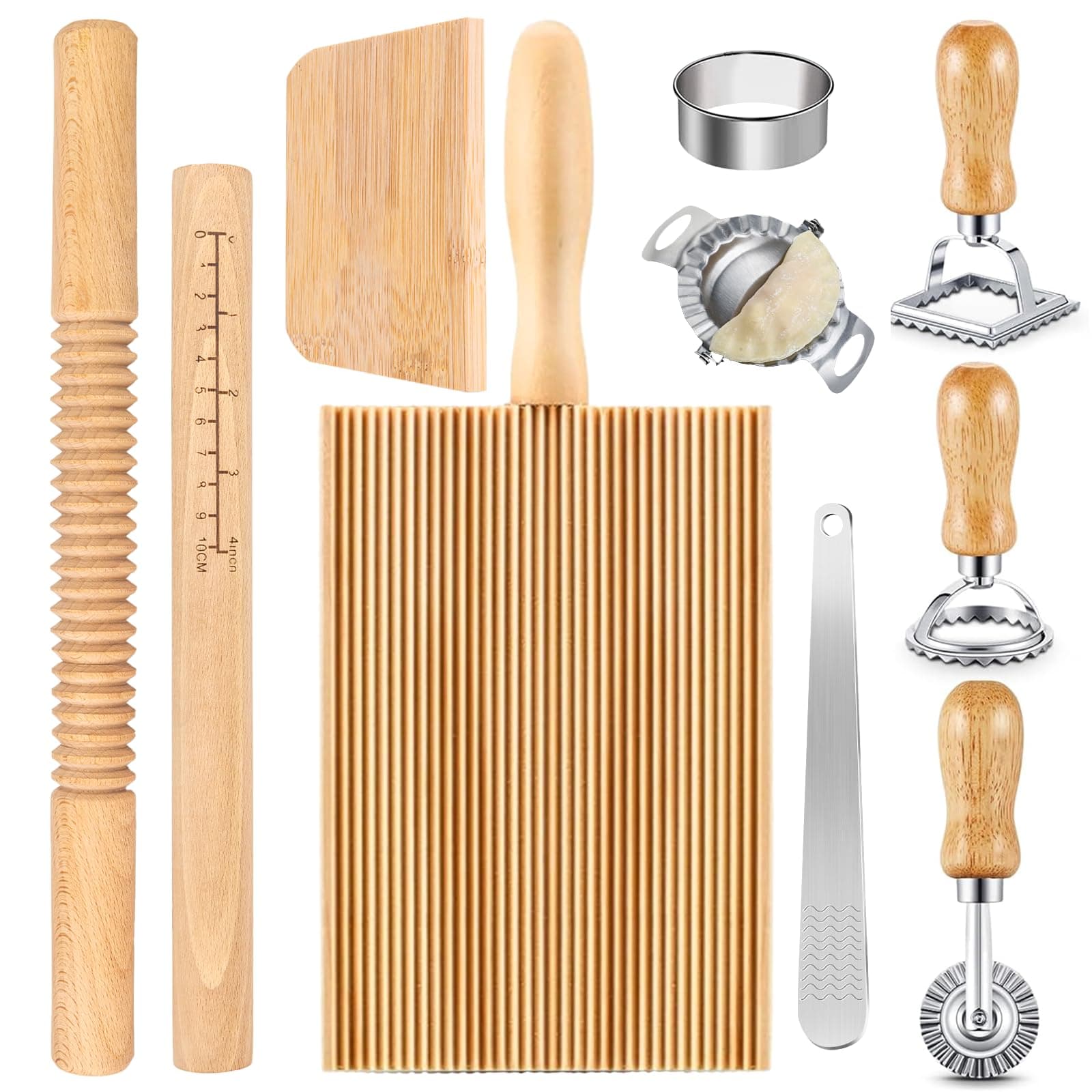 10 Pcs Pasta Making Tools Set, Manual Pierogi Maker, Ravioli Stamp Cutter, Wooden Rolling Pin, Dough Scraper, Gnocchi Board, 5 Ravioli Discs