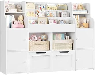 FINETONESToy Storage Organizer, Large Toy Organizers and Storage with 8 Storage Cubbies and 2 Movable Drawers, Toy Shelf Organizer with 4 Display Shelves, 3-Tier Kids Bookshelf and Toy Storage