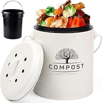 Perfnique Kitchen Compost Bin, 1.3 Gallon Countertop Compost Bin with Lid, Indoor Compost Bucket Includes Inner Bucket Liner and Carbon Filter, Small Compost Bin (Without Bags, Cream)