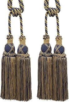 DÉCOPRO Elegant Criss Cross Double Curtain & Drapery Tassel Tieback Tassel Length 10" (25cm) 30" Spread (76cm) (Style# TBIC2) Nautical Gold #1152 (Light Gold Yellow Gold Navy Blue) Pack of 2