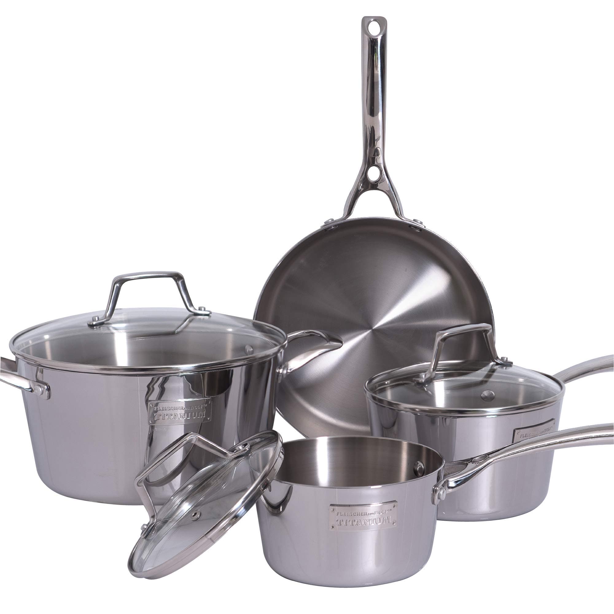 Fleischer & Wolf Silver Cookware Set 7-pieces, Pots and Pans Sets,Tri-Ply 403 Stainless Steel,Dutch Oven Safe 650F,Induction Compatible, Dishwasher Safe