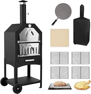 Outdoor Pizza Oven Wood Fired Pizza Oven Patio Portable Pizza Maker Cooking Grill with Wheels Waterproof Cover for Backyard Camping