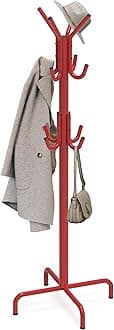 Standing Coat and Hat Hanger Organizer Rack, 12 Hooks, Red