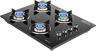 Bajaj Dual Hob Top & Gas Stove 4 Burners | 8 MMToughened Glasstop | Smart Swivel Nozzle | Stainless Steel Driptray | Brass Burners | ISI Certified | 2-Yr Warranty Black,Open