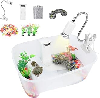 Rypet Baby Turtle Tank Starter Kit - Reptile Tortoise Habitat with Adjustable UVA Basking Light Lamp, Basking Platform,Water Filter, Rocks, Small Plants Aquarium Tank for Turtle Frog Hermit Crab Tanks