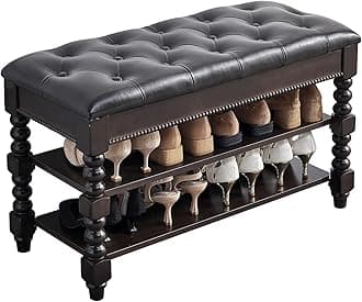 - Shoe Storage Bench, Entryway Shoe Rack with Leather Seat 2-Tier Lift-top Organizer Wooden Bench for Foyer Bedroom Living Room Accent Furniture (31.5'')