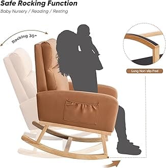 Rocking Chair Nursery, Leather Nursing Rocking Chairs, Upholstered Nursery Glider Rocker for Mom Nursery Morden Accent Rocking Chair with Side Pocket for Living Room,Bedroom, PU Orange