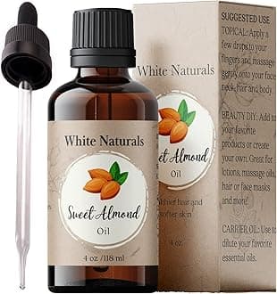 White Naturals Sweet Almond Oil for Hair and Skincare, 100% Pure Cold Pressed, Hexane Free, Face, Body, Hands Skin Moisturizer, Therapeutic Massage, Best Carrier Oil for Essential Oils & DIY Base