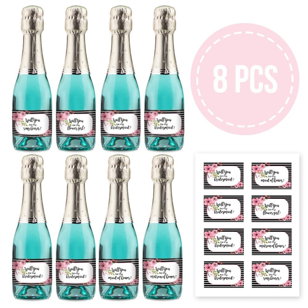 8 Pack Labels for Mini Champagne Bottle & Gift Box - Bridesmaid, Maid & Matron of Honor Proposal Gift- Engagement Party- Bridal Shower- Flower Girl - Ring Bearer, Will You Be My Bridesmaid.