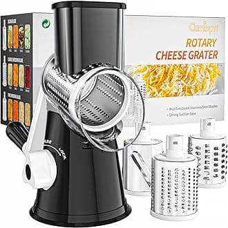 Rotary Cheese Grater Hand Crank Cheese Shredder for Fresh Cheese, Vegetable, Nuts,Non-slip Suction Base, Free Cleaning Brush Three Blades, Black