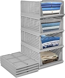 TANSUNG Premium Stackable Plastic 5 Piece Storage Baskets Large Foldable Closet for Home Organization Foldable Stackable Wardrobe Organizer Grey Large
