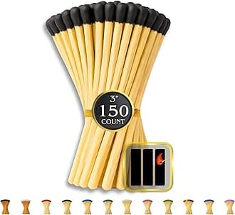 150 Count | 3" Black Matches | Strikers Included | Color Tip Wooden Match | Refill for Matchstick Jars, Cloche Display, Holders & Bottles | 3 in inches Long