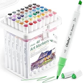 Ohuhu Alcohol Markers,48-Color Art Marker Set For Architectural Design - Landscape Double Tipped Chisel & Fine Alcohol-Based Drawing Marker For Artists Students' Art Class Adults Coloring,Multicolour