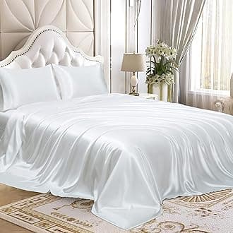 Homiest King Sheet Set White Satin Bedding Sheets Set, 4pc King Bed Sheet Set with Deep Pockets Fitted Sheet