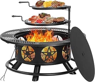 42 Inch Fire Pit with 2 Grills, Extra Large Wood Burning Fire Pits for Outside with Lid & Poker, Heavy Duty Firepit,BBQ& Outdoor Fire Pit & Round Metal Table 3 in 1 for Patio, Picnic, Party