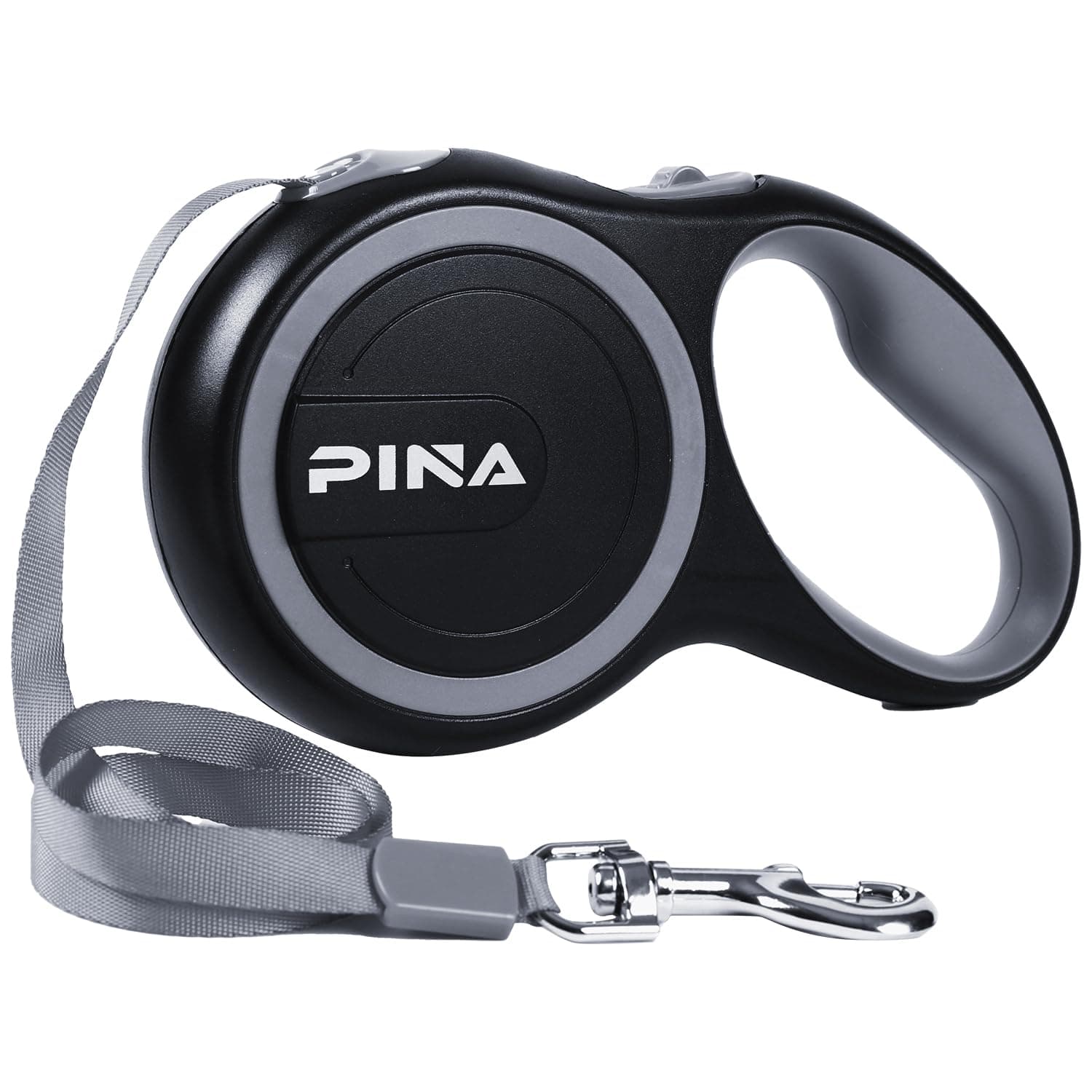 PINA Retractable Dog Leash, 16ft Dog Leash for Small Medium Dogs Up to 44lbs, 360° Tangle-Free Strong Reflective Nylon Tape, with Anti-Slip Handle, One-Handed Brake, Lock - Black Gray