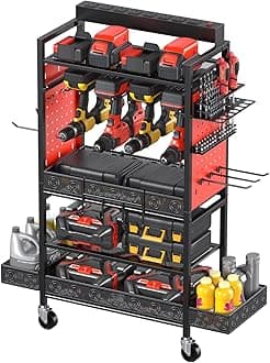 CCCEI Garage Power Tools Organizer Cart with Charging Station, Red Floor Standing Rolling Drill and Tools Battery Storage Cart on Wheels. Utility Rack Gift for Men, Husband, Father.