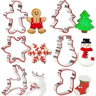 Crethinkaty Christmas Cookie Cutter Set - 6 Pieces Stainless Steel Cookie Cutters with Soft Silicone Edge Gingerbread Man,Christmas Tree,Reindeer,Snowflake,Snowman and Christmas Stocking for Biscuit
