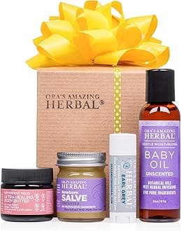 Ora's Amazing Herbal New Mom and Baby Natural Skincare Set, Natural Baby Oil, Newborn Salve, Peppermint Field Ultra Healing Body Butter for Mama's Belly, and Soothing Earl Grey Lip Balm