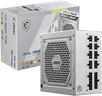 MSI MAG A850GL WHITE PCIE5 Power Supply Unit, 850W, 80 Plus Gold, Fully Modular, ATX 3.0, PCIe 5.0 GPU Support, Black Flat Cables, 7 Year Warranty