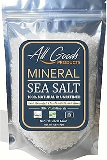 All Goods Products Mineral Coarse Grain Sea Salt, 16 oz Natural Salt from Mexico, Unrefined, Hand-Harvested, Loaded with 90+ Essential Minerals, Kosher, 30% Low Sodium.