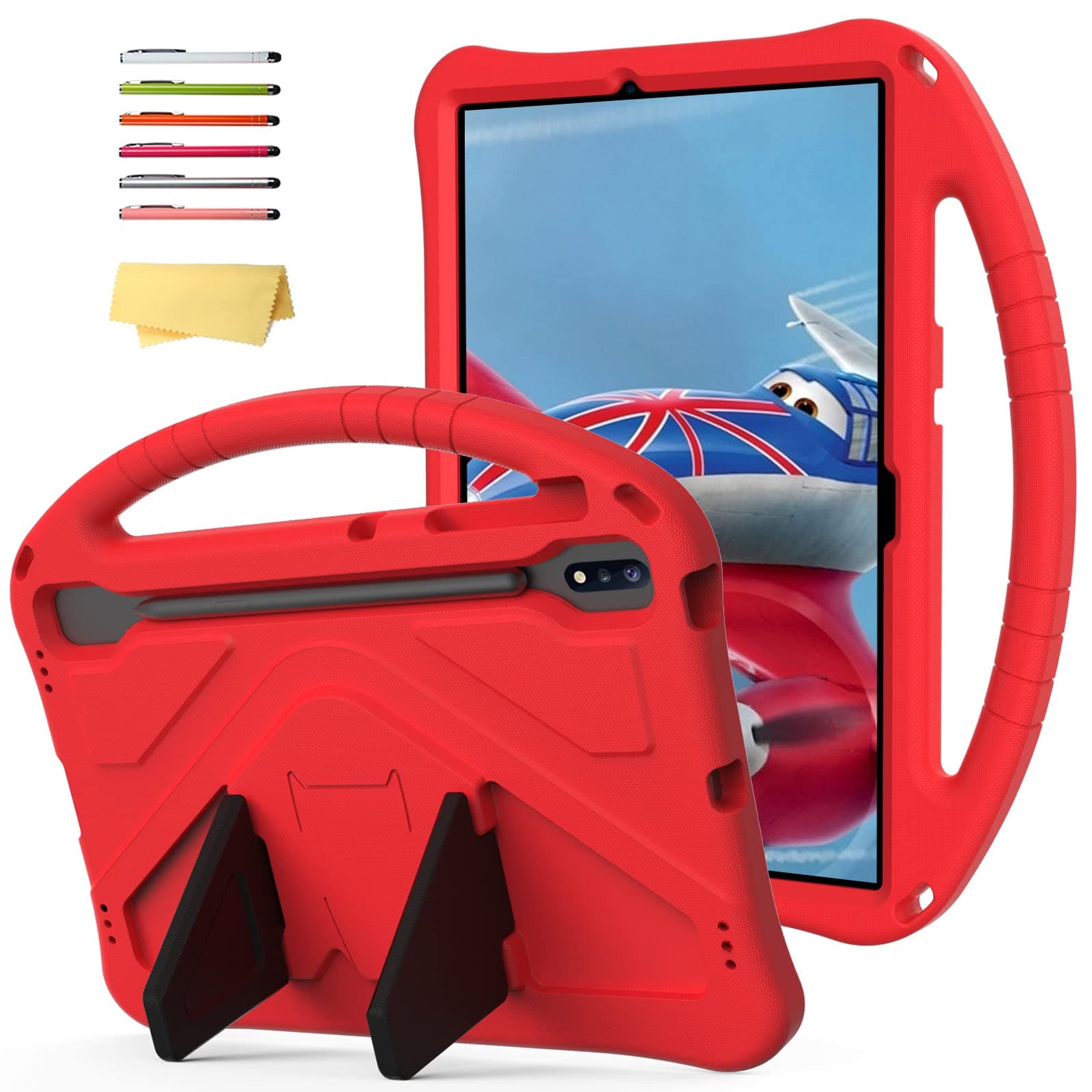Kids Case for Galaxy Tab S9 Plus/Tab S9 FE Plus 2023/Tab S7 FE 5G 2021/Tab S8 Plus 2022/Tab S7 Plus 2020 12.4 inch with S Pen Holder/Handle Stand Cover for Tab S9 FE+/S7 FE/S9+/S8+/S7+, Red