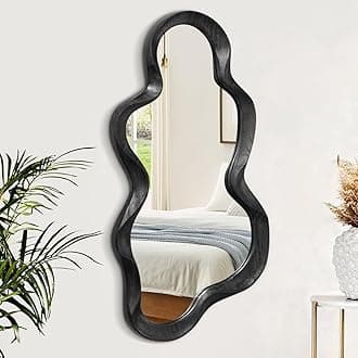 Black Asymmetrical Mirror for Wall Irregular Wood Frame Mirrors Modern Artistic Wavy Wall Mirror Decorative Vanity Bathroom Living Room Bedroom Entryway Hallway Cute and Stylish Cloud Mirror Large