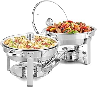 ROVSUN 5 Qt 2Pack Chafing Dish Buffet Set, Stainless Steel Round Chafers for Catering, Buffet Servers and Warmers Set with Glass Lid & Lid Holder, Thick Stand Frame for Wedding Party Banquet Event