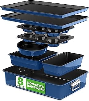 8-Piece Nonstick Stackable Bakeware Set - PFOA, PFOS, PTFE Free Baking Tray Set w/Non-Stick Coating, 450°F Oven Safe, Round Cake, Loaf, Muffin, Wide/Square Pans, Cookie Sheet (Blue)