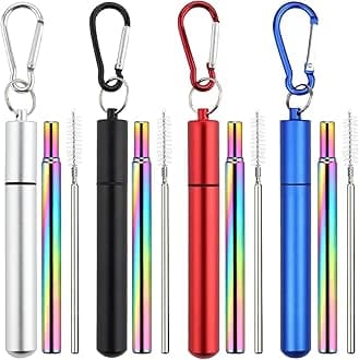Foweroty 4 Pack Collapsible Stainless Steel Straws, Metal Reusable Retractable Straws with 4 Aluminum Case, 4 Cleaning Brush, and 4 Keychains (Silver, Black, Red, Blue)